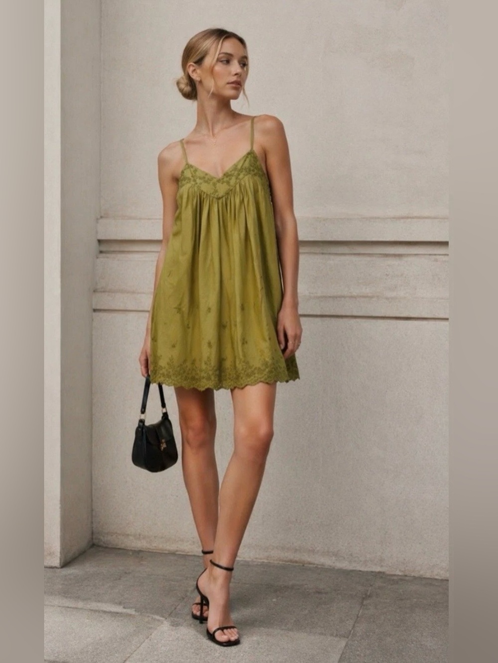 NWOT Zara Olive Embroidered Babydoll Dress Size XS